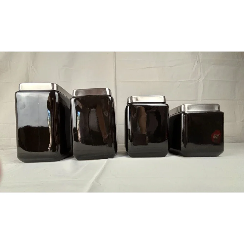 Oggi 4 pc Black Square Ceramic Canister Set w/ Stainless Steel Lids